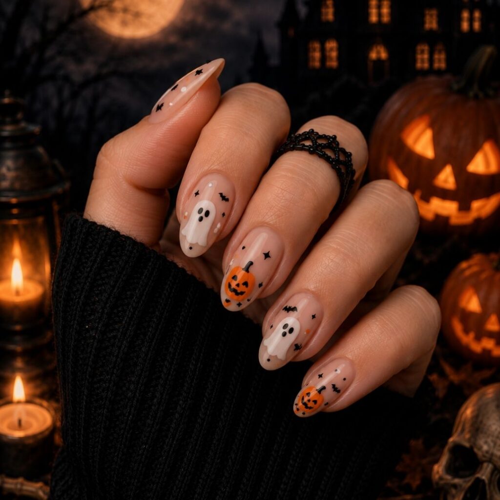 Pumpkin and Ghost Halloween Nails