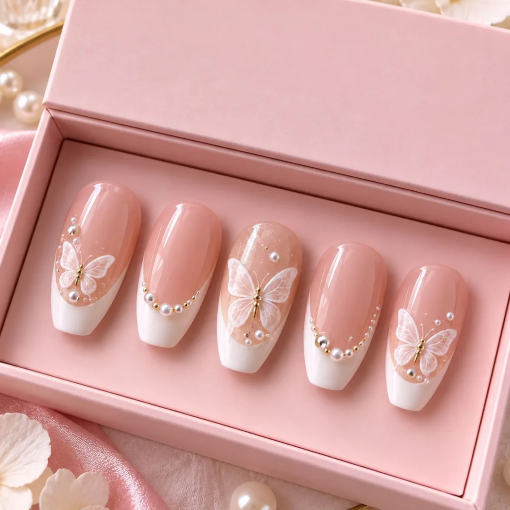 White Butterfly French Tip Nails
