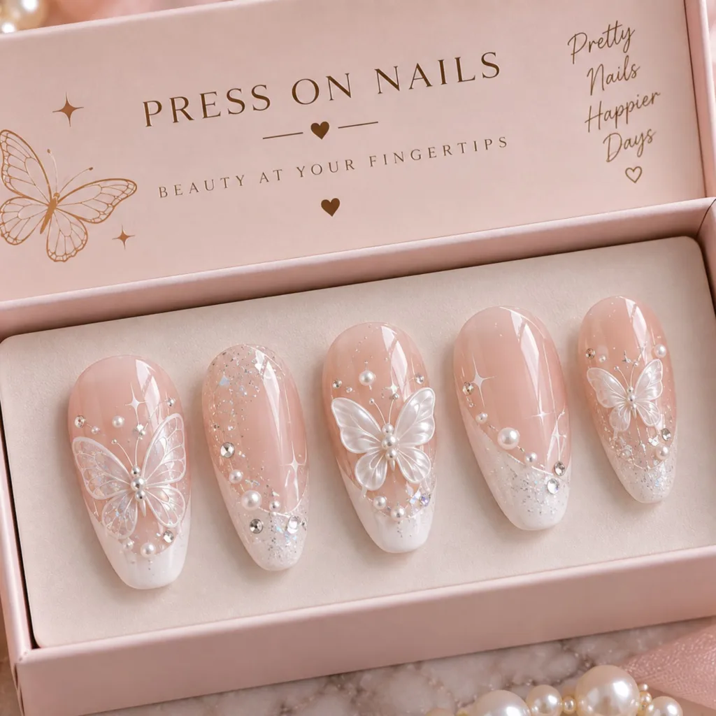 White Butterfly Glitter Nails