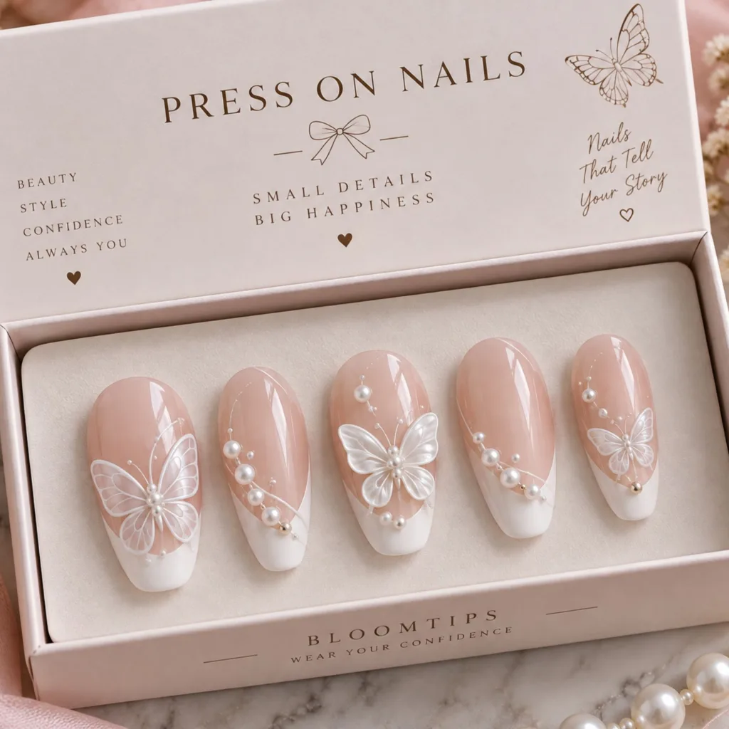 White Butterfly Nails With Pearls