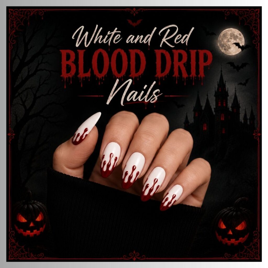 White and Red Blood Drip Nails 