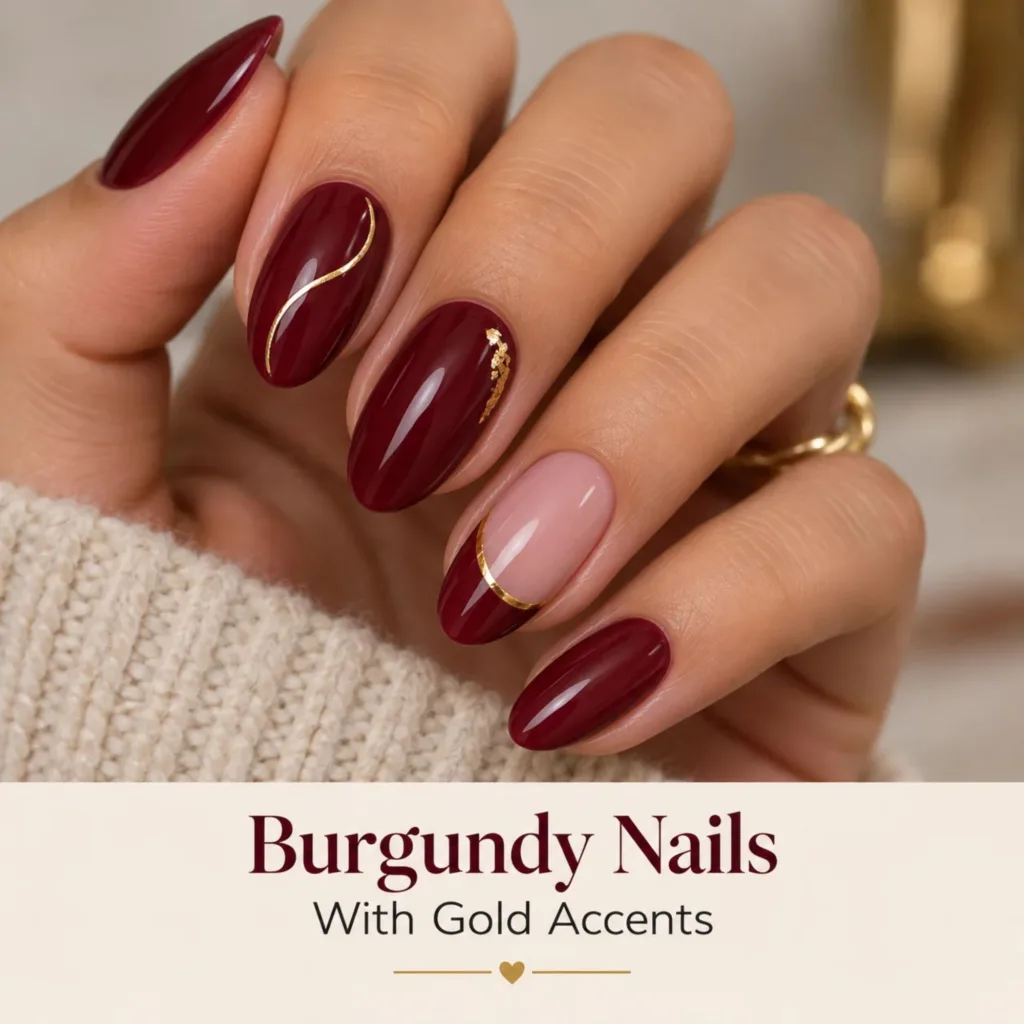Burgundy Nails With Gold Accents