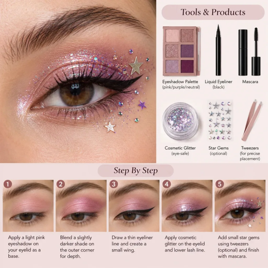Cute Glitter and Star Eye Makeup