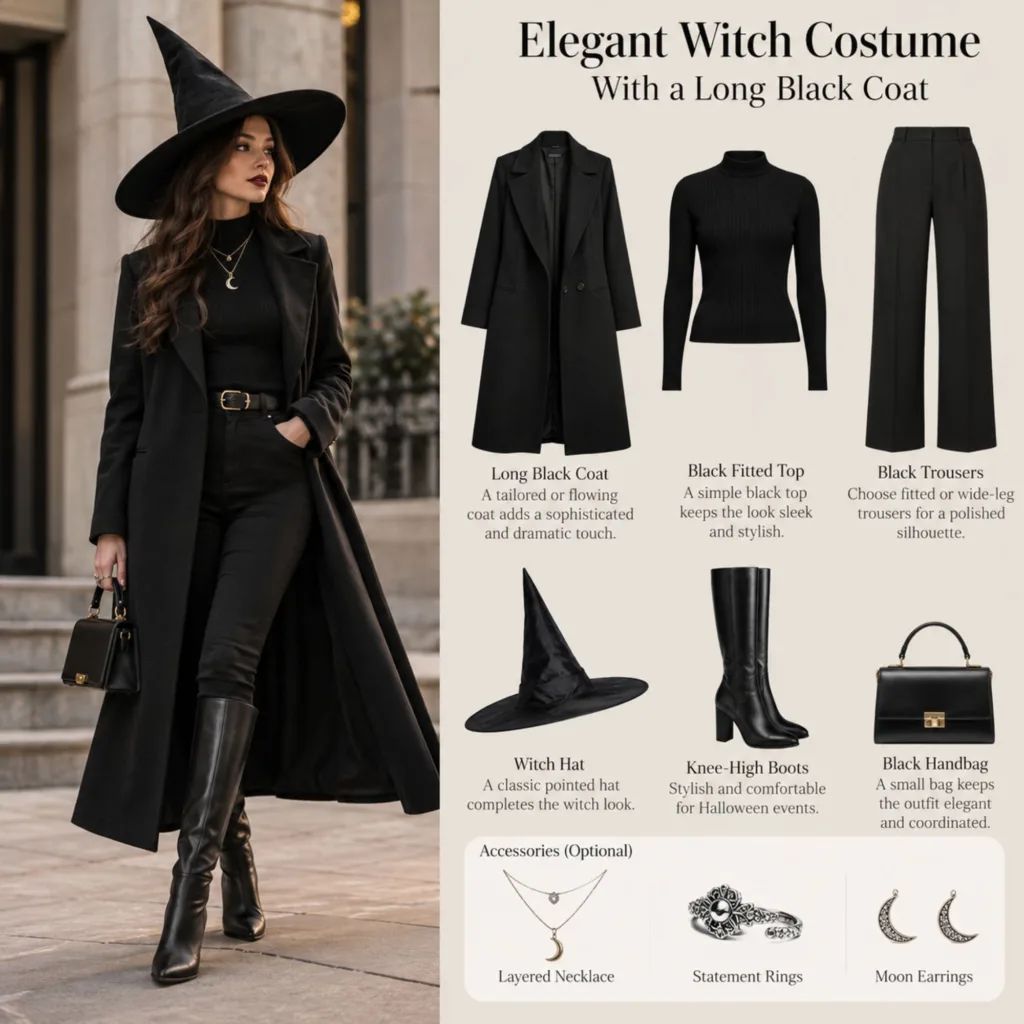 Elegant Witch Costume With a Long Black Coat