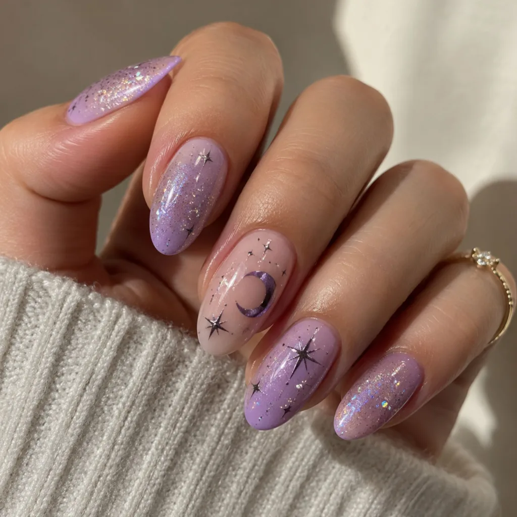 Lavender Glitter and Celestial Halloween Nails