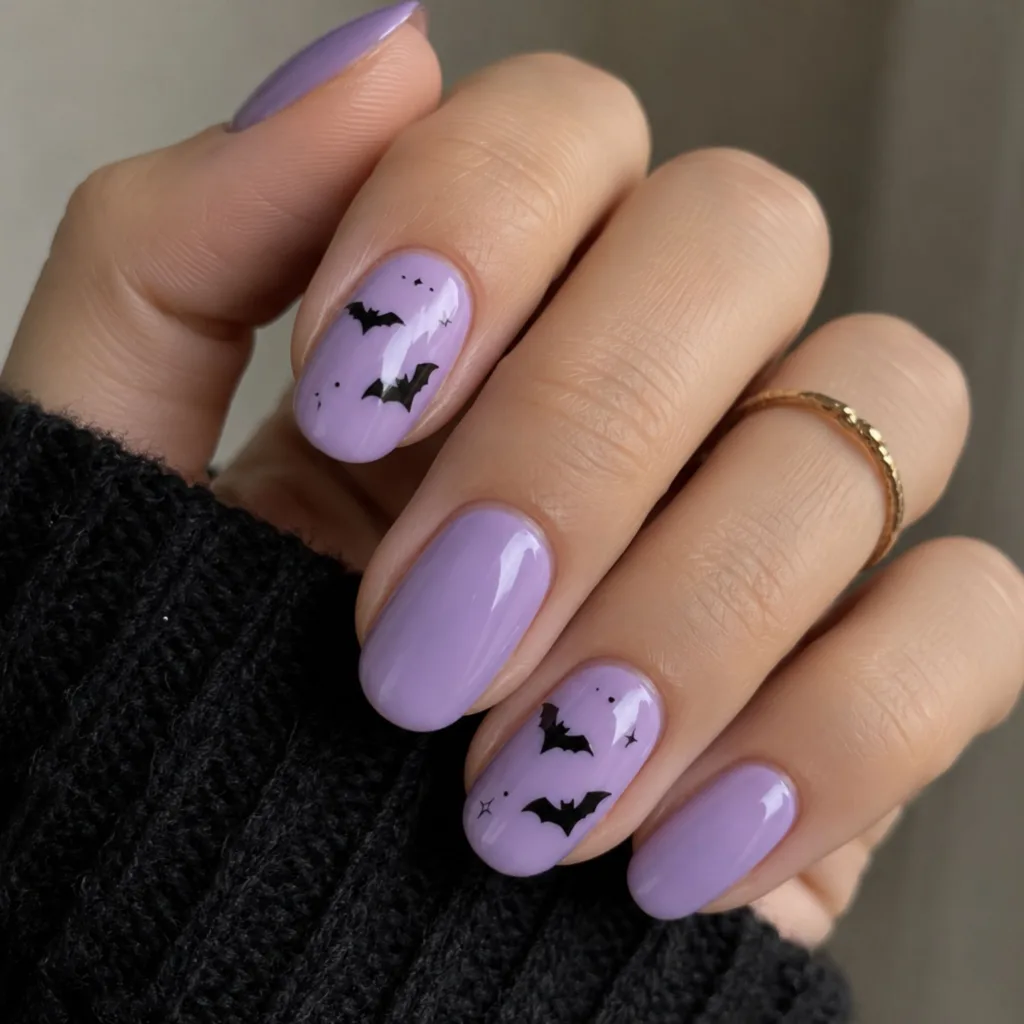 Lavender Nails With Black Bats