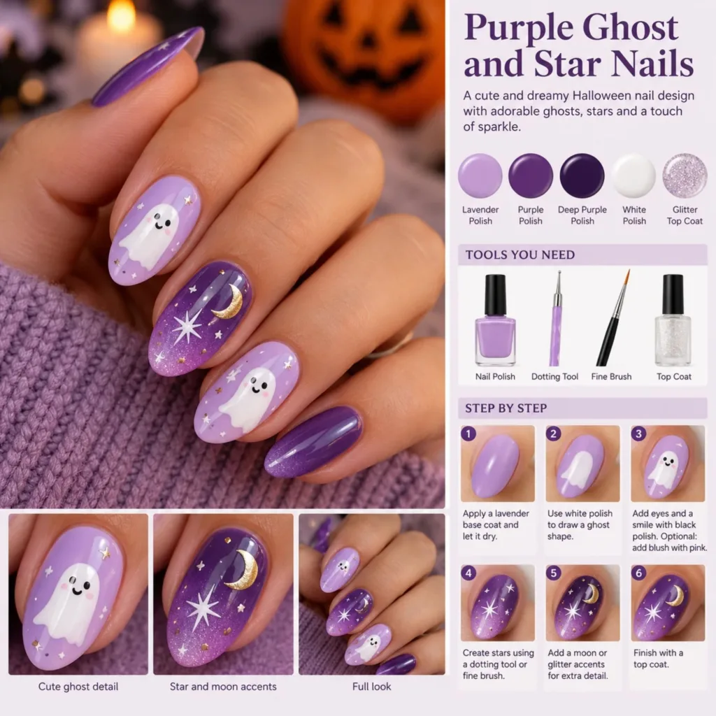 Purple Ghost and Star Nails